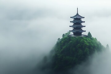 Misty Mountaintop Pagoda: A Serene East Asian Temple in the Clouds