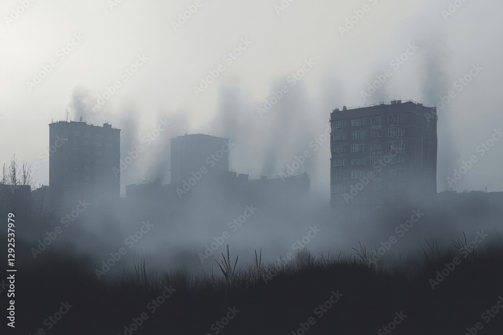Poster cityscape enveloped in gray smog with overlooked silhouettes of buildings and open sky for text. gen