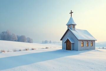 Serene Winter Chapel in a Snow Covered Landscape, bathed in the soft glow of sunrise, offering a peaceful and spiritual ambiance
