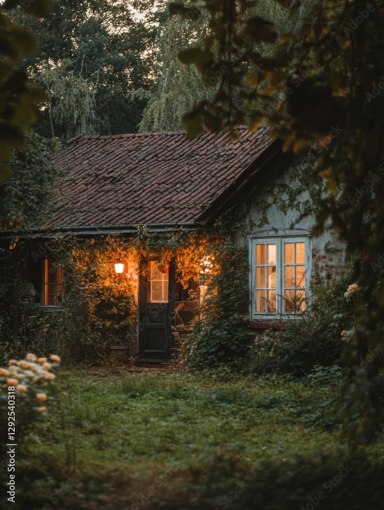 Poster natures embrace contrasts with a restored cottage glowing warmly in the twilight. generative ai