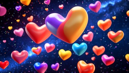 Colorful 3d hearts floating in cosmic love space
