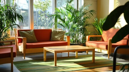 Fototapeta premium Green office equipment showroom featuring eco-friendly furniture