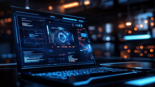 Glowing laptop screen in a dark room showcasing futuristic technology concept with digital light reflections and cyber aesthetic for modern tech innovation backgrounds
