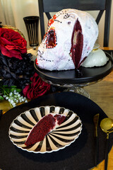 Red Velvet cake in the shape of a decorated skull