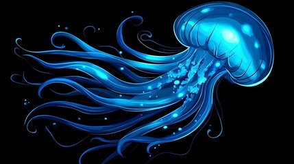 Glowing Blue Jellyfish Digital Painting: Deep Sea Fantasy Art AI Generated