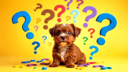 Curious small brown dog amidst yellow question marks