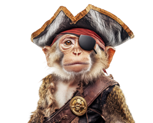 Monkey dressed as pirate with eye patch, showcasing adventurous spirit and playful charm. This whimsical character captures essence of fun and imagination