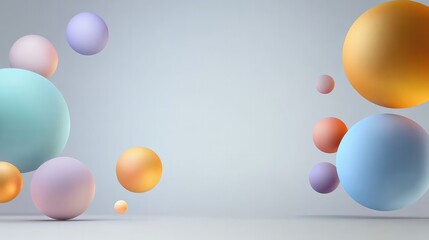 Abstract 3D Background with Colorful Floating Spheres on a Gray Surface, Perfect for Banner and High-Resolution Design