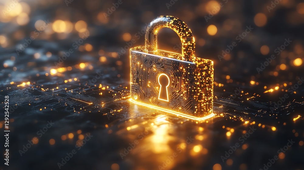 Poster futuristic golden padlock with digital circuits and encryption symbols, ensuring robust password sec