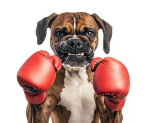 Boxer dog wearing red boxing gloves, showcasing strong and determined stance. This active canine exudes confidence and readiness for action, perfect for sports themed content