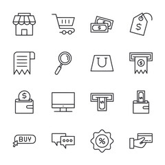 A set of shopping icons including a shopping cart, a receipt, a credit card