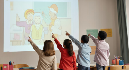 Diverse children engaged in interactive classroom activity
