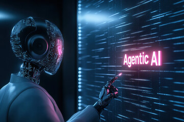 futuristic AI scientist interacting with digital interface, showcasing advanced technology and innovation