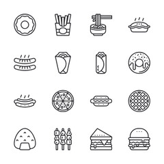 A set of food icons including a donut, a sandwich, a pizza, and a hot dog