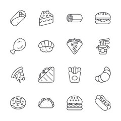 A collection of food icons including pizza, hot dog, and sandwich