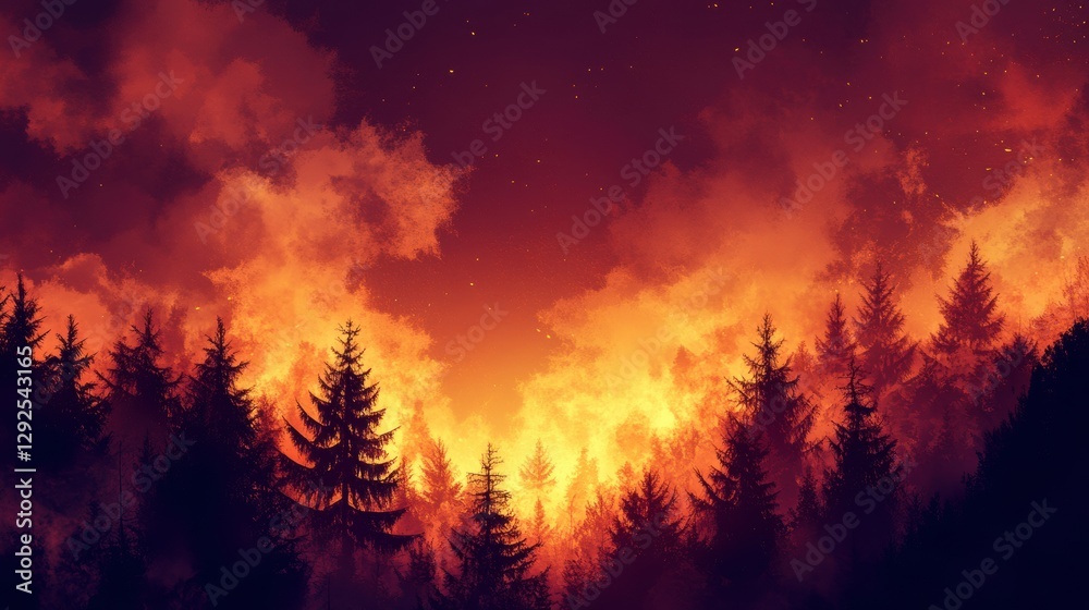 Poster forest burning with flames and thick smoke creating a dramatic warm glow against the sky. generative