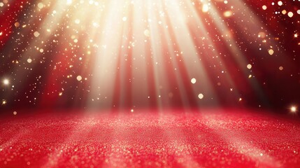 Lunar New Year Stage Background with Red Gradient, Golden Light Rain Curtain, and Fireworks Effects