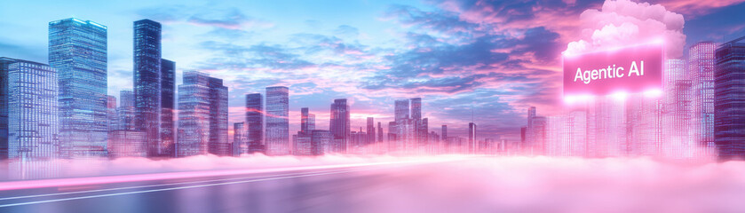 Obraz premium Futuristic cityscape with vibrant colors and advanced technology, showcasing hyper connected environment and Agentic AI