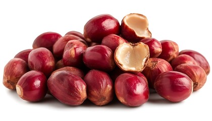 Obraz premium Red nuts pile, cracked open, white background, food