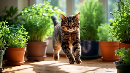 Energetic tabby cat leaping over sunlit herb pots