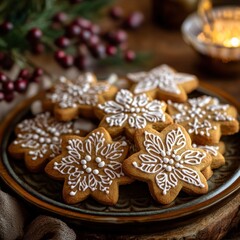 Festive gingerbread cookies decorated with icing on a plate, with holiday background