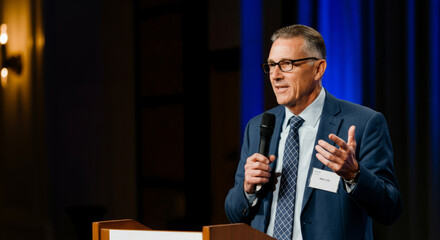 Caucasian male adult in blue suit speaking at podium during conference