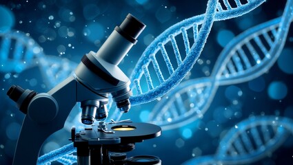 Exploring dna's intricacies under a microscope with blue bokeh
