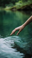 Fototapeta premium Person reaching out to touch a calm river s surface, fingers creating ripples