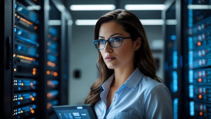 Focused tech professional analyzing data in server room