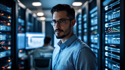 Focused tech professional analyzing data streams in server room