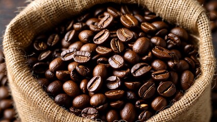 Fototapeta premium Freshly roasted coffee beans in burlap sack