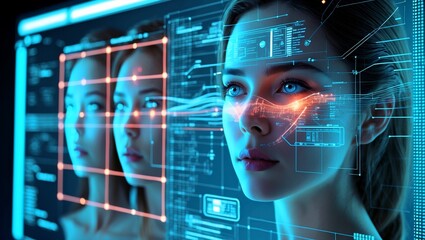 Futuristic ai analyzing woman's face with data overlay