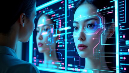 Futuristic ai analyzing woman's face with data streams