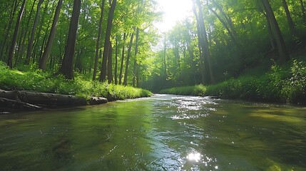 Fototapeta premium Sunlit Creek Winding Through a Lush Summer Forest AI Generated