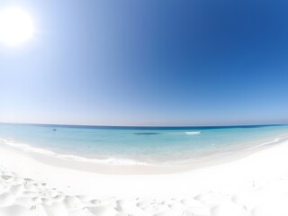 Obraz premium Panoramic View of a Serene White Sand Beach with Clear Blue Water Under a Bright Sky