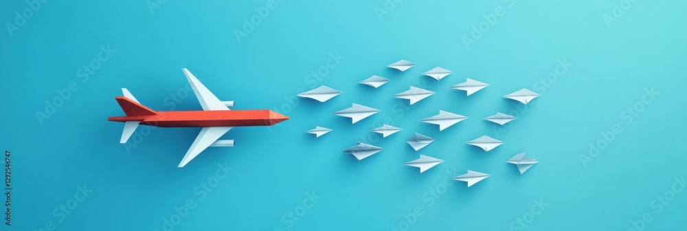Poster red and white airplane showcases leadership as it guides smaller paper planes in a clear blue sky. g