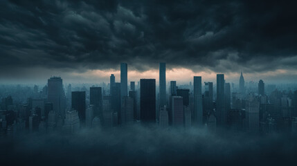 Dark storm clouds loom over city skyline, creating dramatic atmosphere. urban landscape appears ominous and foreboding