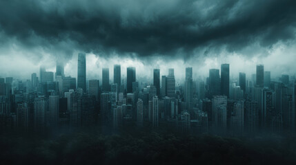 city skyline under dark storm clouds, evoking sense of economic crisis and uncertainty