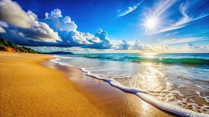 Obraz premium Calm Ocean Beach Scene: Candid Photo of Sandy Shore, Clear Sky, Blue Water