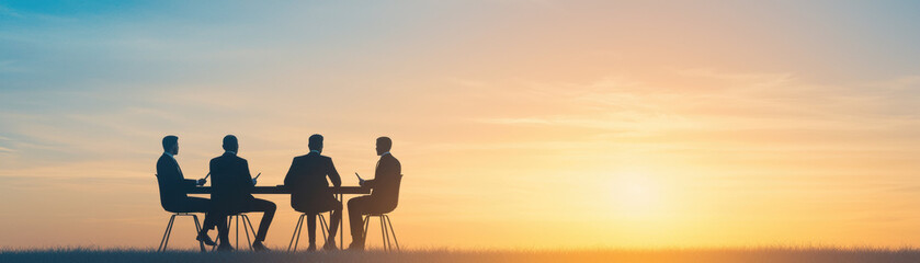 Fototapeta premium Business meeting silhouettes at sunset, discussing strategies and ideas