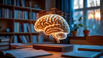 Illuminated brain model symbolizing creativity in study space