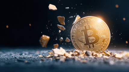 Bitcoin coin breaking apart, symbolizing currency devaluation and change