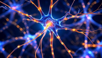 Illuminated neuron close-up showcasing dendrites and synapses
