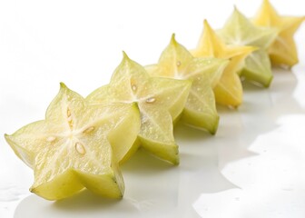 Fototapeta premium Tropical Starfruit Slices: Artfully arranged starfruit slices showcasing their unique star shape. perfect for culinary creations and healthy eating concepts.