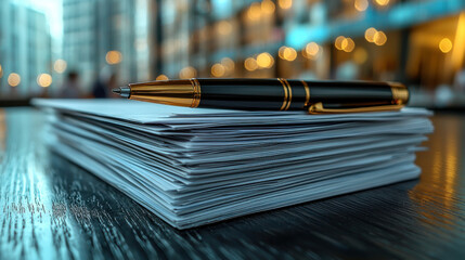 Stacks of business reports with glowing pen on wooden table create professional atmosphere