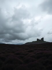 Obraz premium Gloomy Heather Moorland with Dramatic Clouds and a Castle Ruin