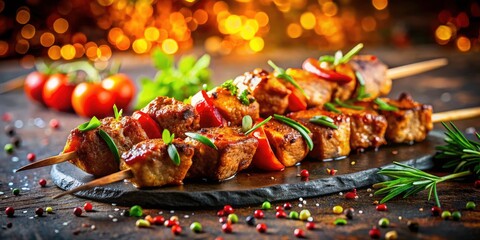 Delicious Pork Kebab with Spices, Chili & Lime - Appetizing Grilled Meat Skewers on Stone Board