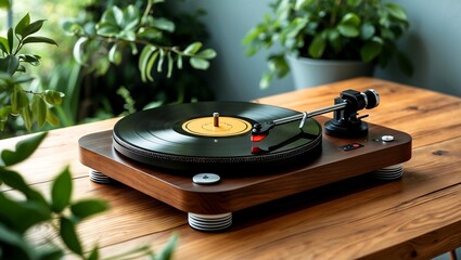 Modern turntable on wooden table surrounded by greenery