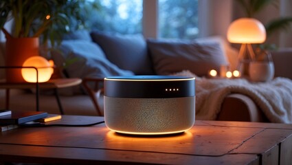 Modern smart speaker illuminating a cozy interior