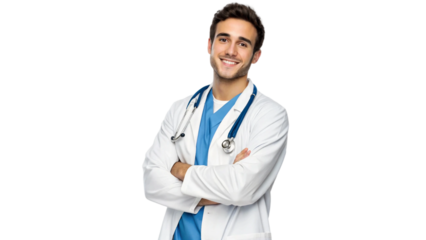 Portrait of a smiling, handsome young male doctor, standing confidently with arms crossed. He is wearing a professional medical uniform with a stethoscope draped naturally around his neck. PNG file